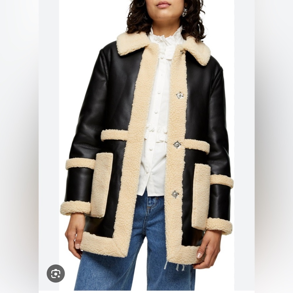 Topshop Black Leather Jacket with Cream Shearling Trim